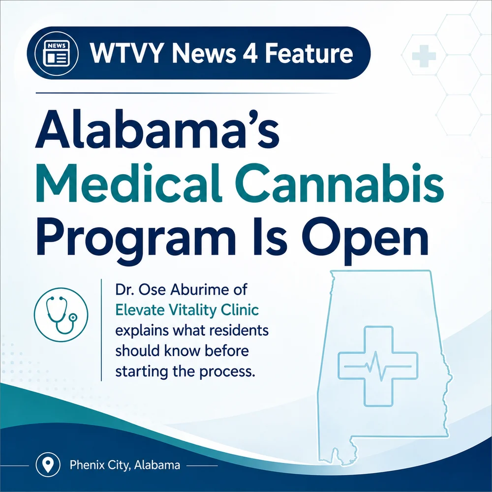 WTVY News 4 feature graphic about Alabama&rsquo;s medical cannabis program featuring Elevate Vitality Clinic in Phenix City.